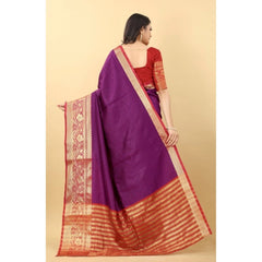 Generic Women's Cotton Silk Woven Design Kanjeevaram Saree With Unstitched Blouse (Purple)