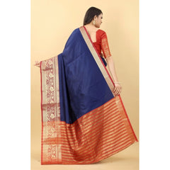 Generic Women's Cotton Silk Woven Design Kanjeevaram Saree With Unstitched Blouse (Blue)