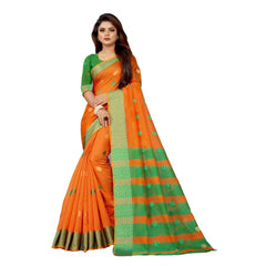 Generic Women's Art Silk Woven Design Kasavu Saree With Unstitched Blouse (Orange)