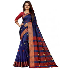 Generic Women's Art Silk Woven Design Kasavu Saree With Unstitched Blouse (Navy Blue)