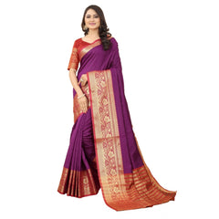 Generic Women's Cotton Silk Woven Design Kanjeevaram Saree With Unstitched Blouse (Purple)