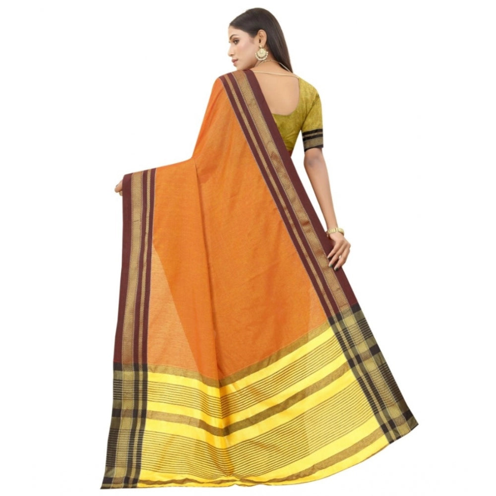 Generic Women's Cotton Blend Woven Design Kanjeevaram Saree With Unstitched Blouse (Orange)