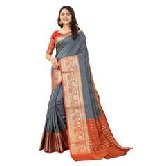 Generic Women's Cotton Silk Woven Design Kanjeevaram Saree With Unstitched Blouse (Grey)