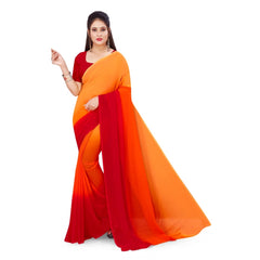 Generischer Georgette-Sari für Damen mit Aufdruck und ungesäumter Bluse (Orange, 5–6 m)