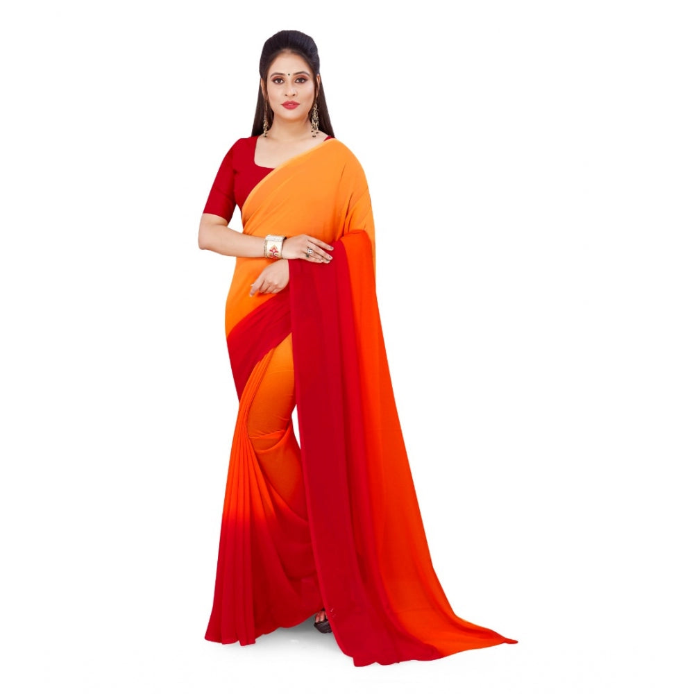 Generischer Georgette-Sari für Damen mit Aufdruck und ungesäumter Bluse (Orange, 5–6 m)