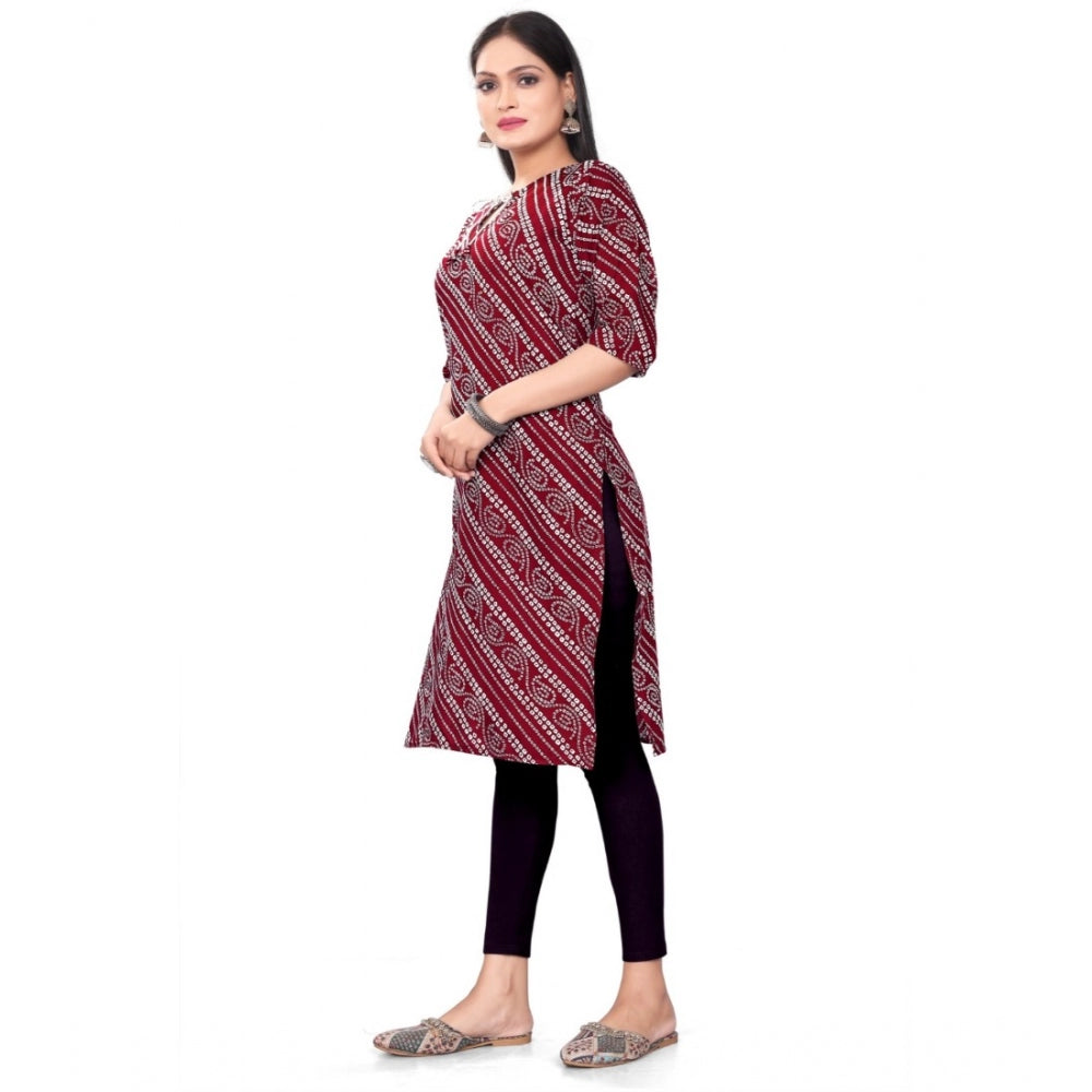 Generic Women's Casual 3/4th Sleeve Geometric Print Polyester Calf Length Straight Kurti (Red)