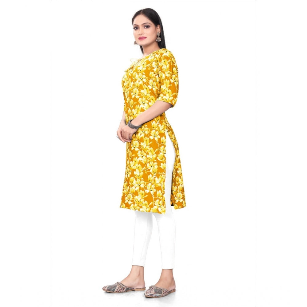 Generic Women's Casual 3/4th Sleeve Floral Print Polyester Knee Length Straight Kurti (Yellow)