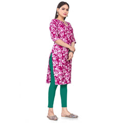 Generic Women's Casual 3/4th Sleeve Floral Print Polyester Knee Length Straight Kurti (Rani)