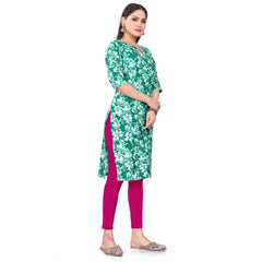 Generic Women's Casual 3/4th Sleeve Floral Print Polyester Knee Length Straight Kurti (Green)