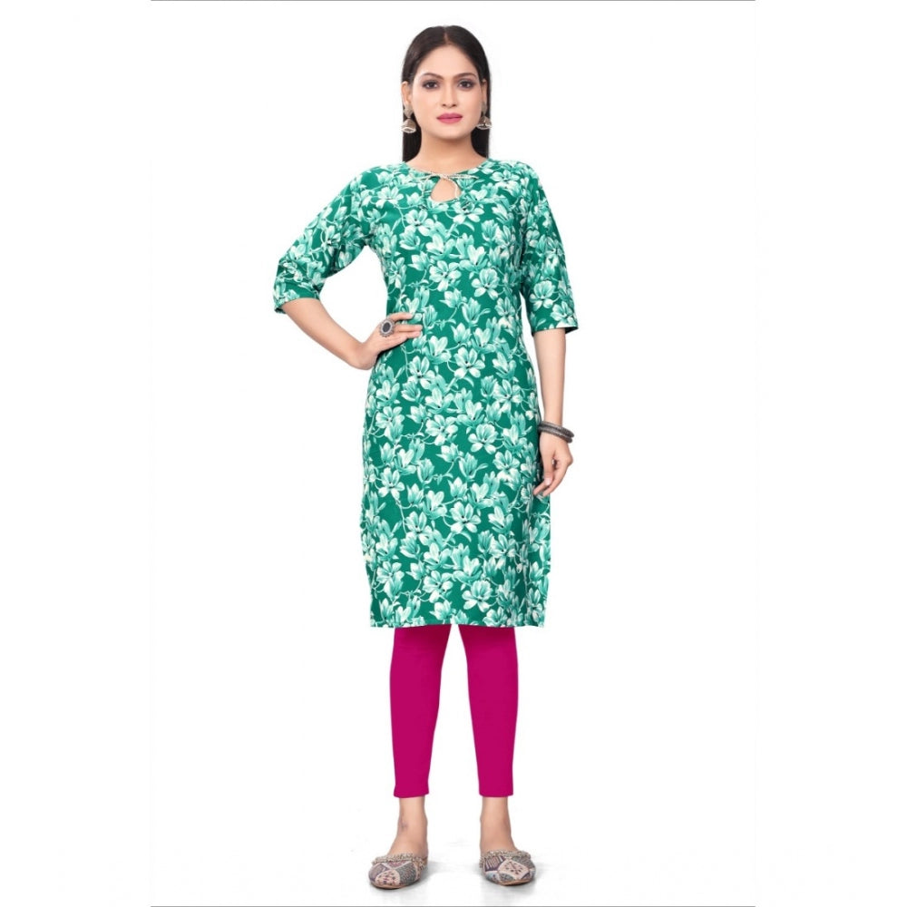 Generic Women's Casual 3/4th Sleeve Floral Print Polyester Knee Length Straight Kurti (Green)