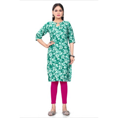 Generic Women's Casual 3/4th Sleeve Floral Print Polyester Knee Length Straight Kurti (Green)