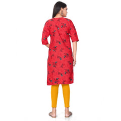 Generic Women's Casual 3/4th Sleeve Floral Print Polyester Knee Length Straight Kurti (Red)