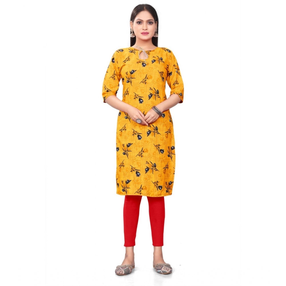 Generic Women's Casual 3/4th Sleeve Floral Print Polyester Knee Length Straight Kurti (Yellow)