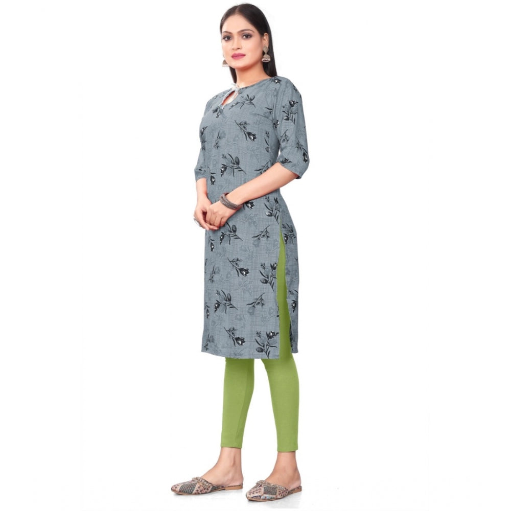 Generic Women's Casual 3/4th Sleeve Floral Print Polyester Knee Length Straight Kurti (Grey)