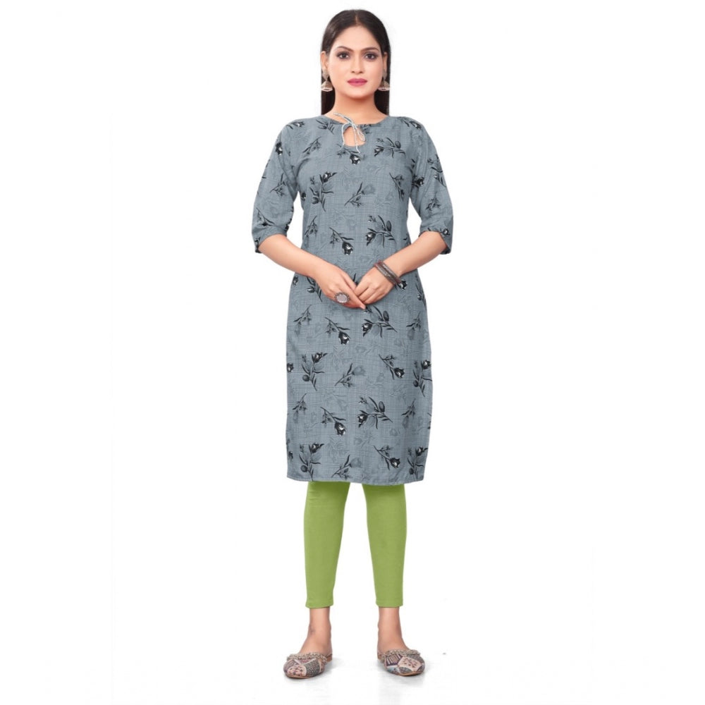 Generic Women's Casual 3/4th Sleeve Floral Print Polyester Knee Length Straight Kurti (Grey)