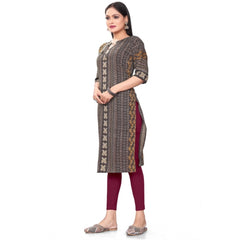 Generic Women's Casual 3/4th Sleeve Paisley Polyester Knee Length Straight Kurti (Maroon)