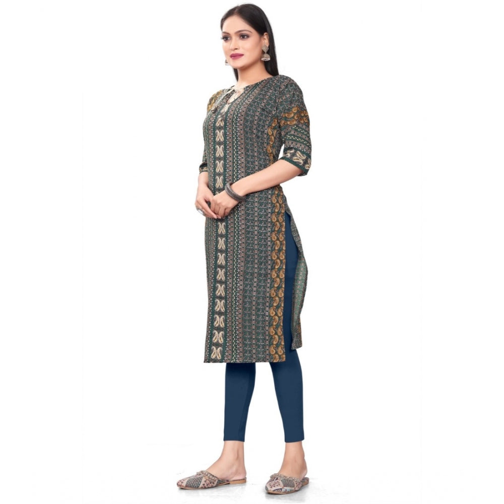 Generic Women's Casual 3/4th Sleeve Paisley Polyester Knee Length Straight Kurti (Green)