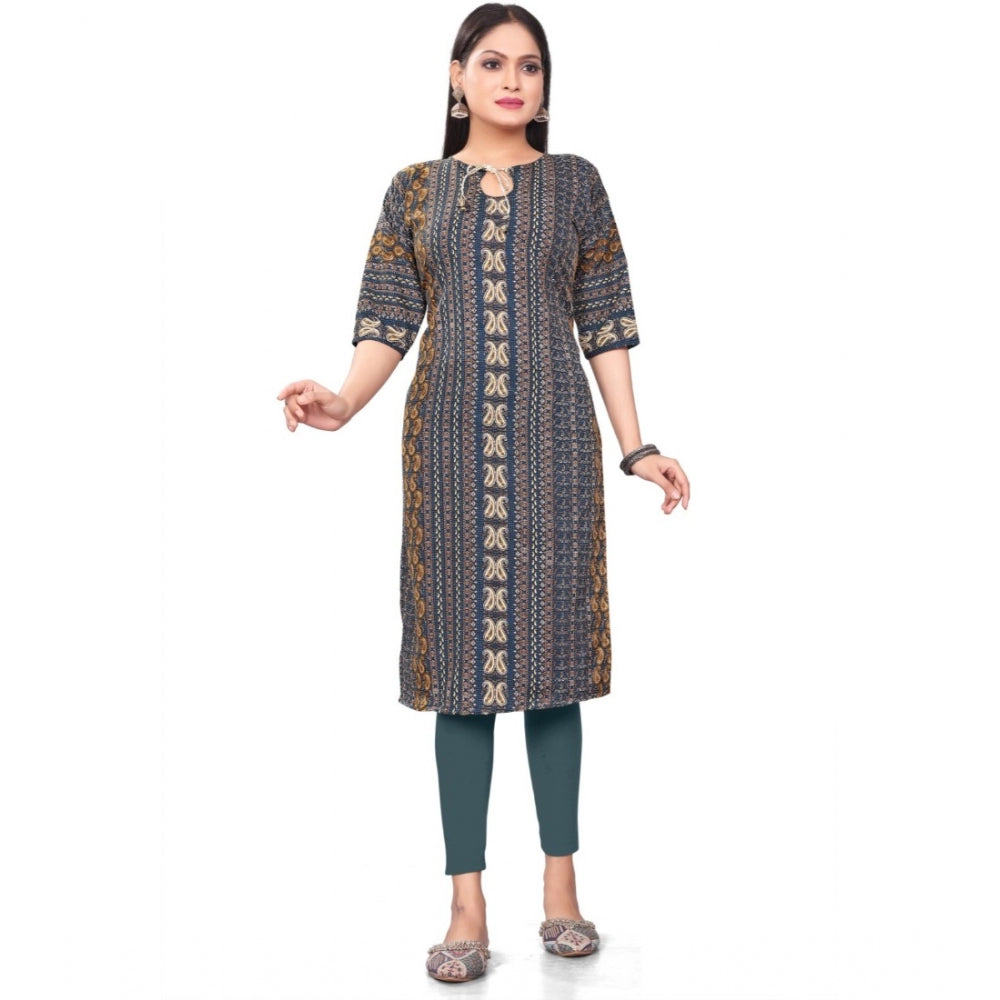 Generic Women's Casual 3/4th Sleeve Paisley Polyester Knee Length Straight Kurti (Blue)