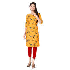 Generic Women's Casual 3/4th Sleeve Floral Print Polyester Knee Length Straight Kurti (Yellow)