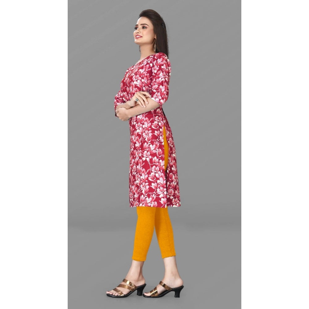 Generic Women's Casual 3/4th Sleeve Floral Print Polyester Knee Length Straight Kurti (Red)