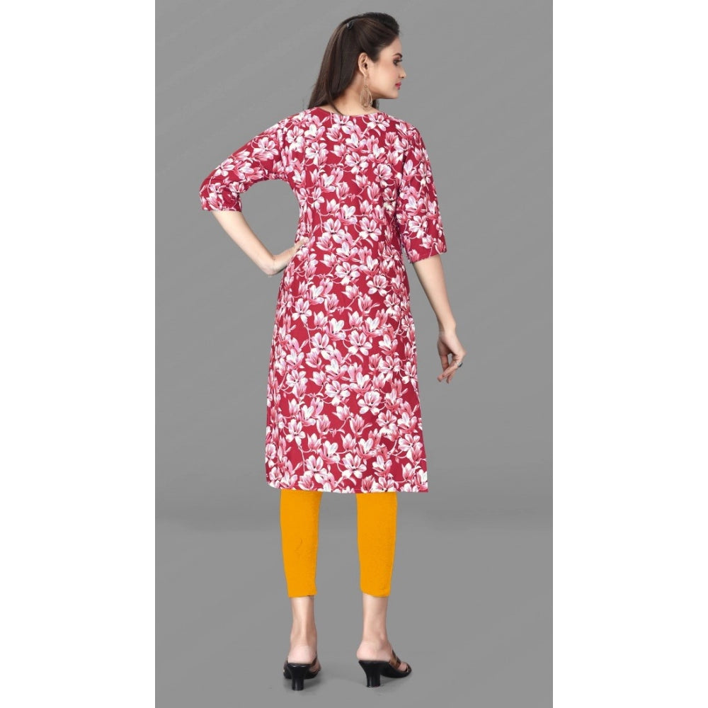 Generic Women's Casual 3/4th Sleeve Floral Print Polyester Knee Length Straight Kurti (Red)