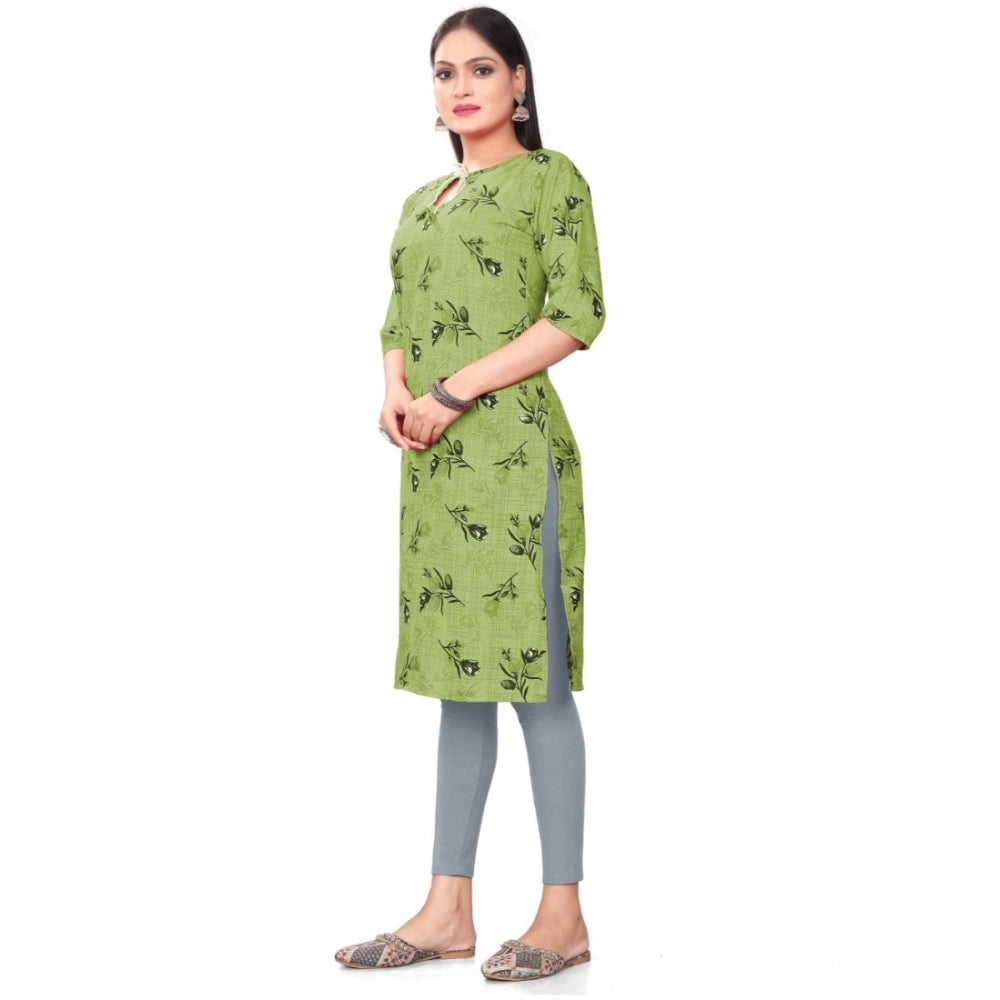 Generic Women's Casual 3/4th Sleeve Floral Print Polyester Knee Length Straight Kurti (Green)