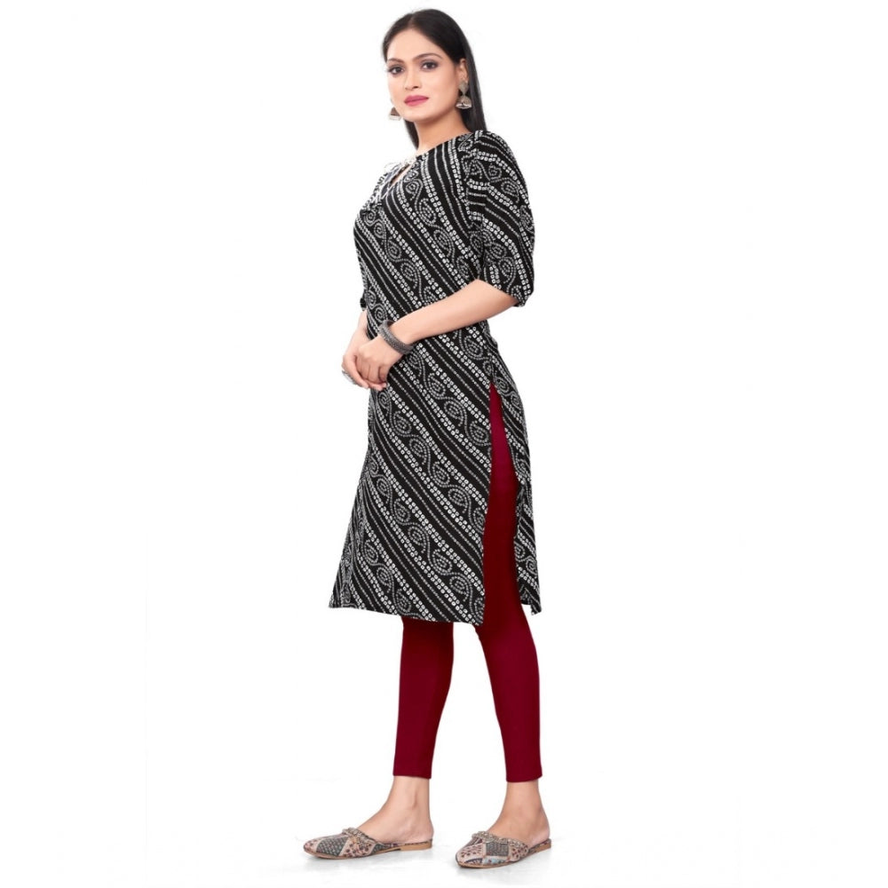 Generic Women's Casual 3/4th Sleeve Geometric Print Polyester Calf Length Straight Kurti (Black)