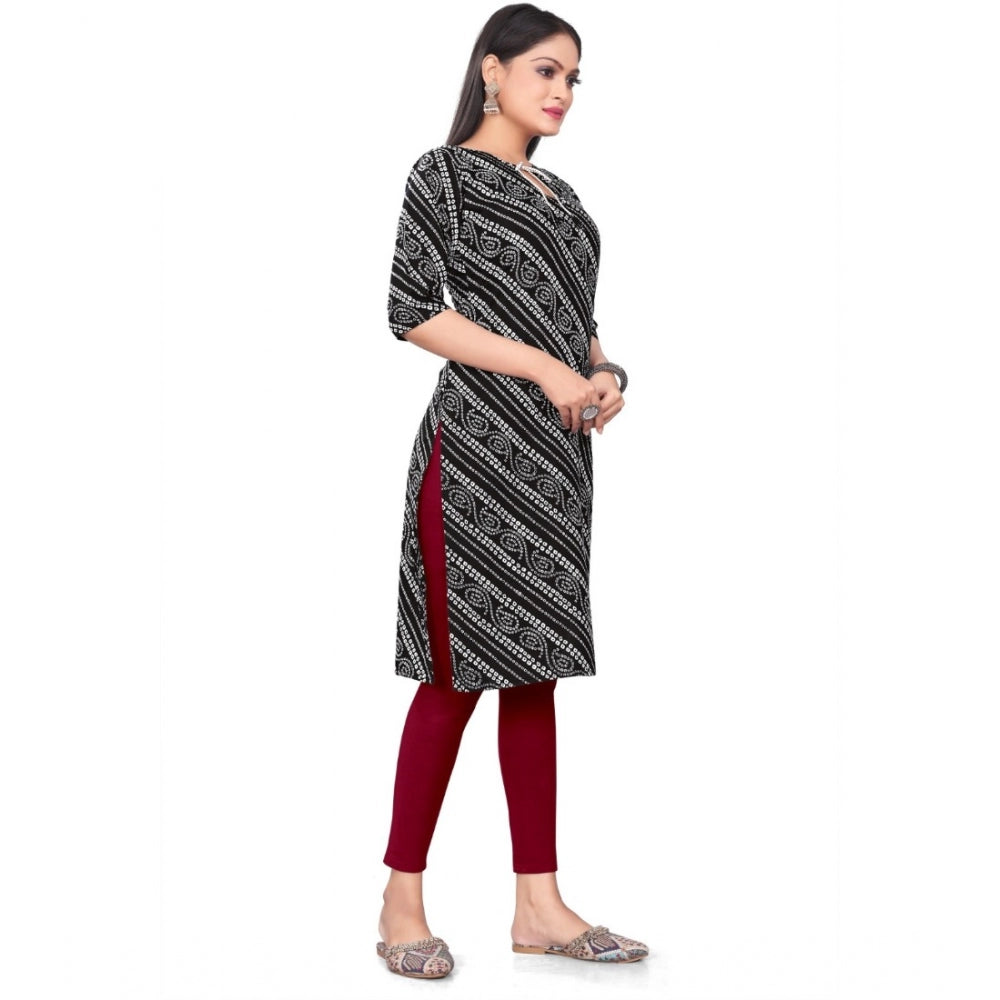 Generic Women's Casual 3/4th Sleeve Geometric Print Polyester Calf Length Straight Kurti (Black)