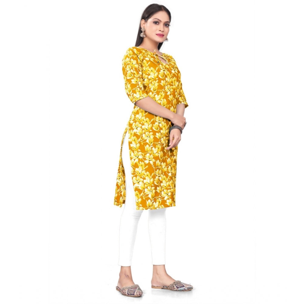 Generic Women's Casual 3/4th Sleeve Floral Print Polyester Knee Length Straight Kurti (Yellow)