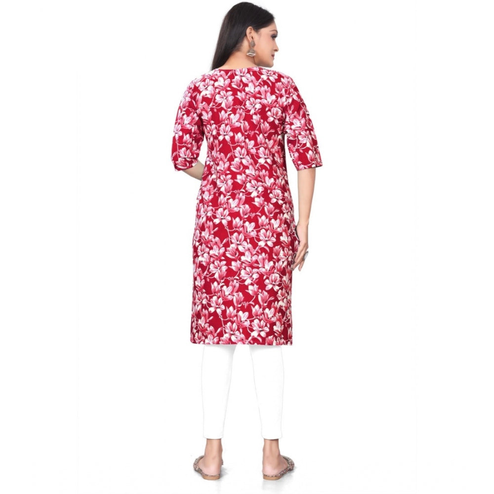 Generic Women's Casual 3/4th Sleeve Floral Print Polyester Knee Length Straight Kurti (Red)