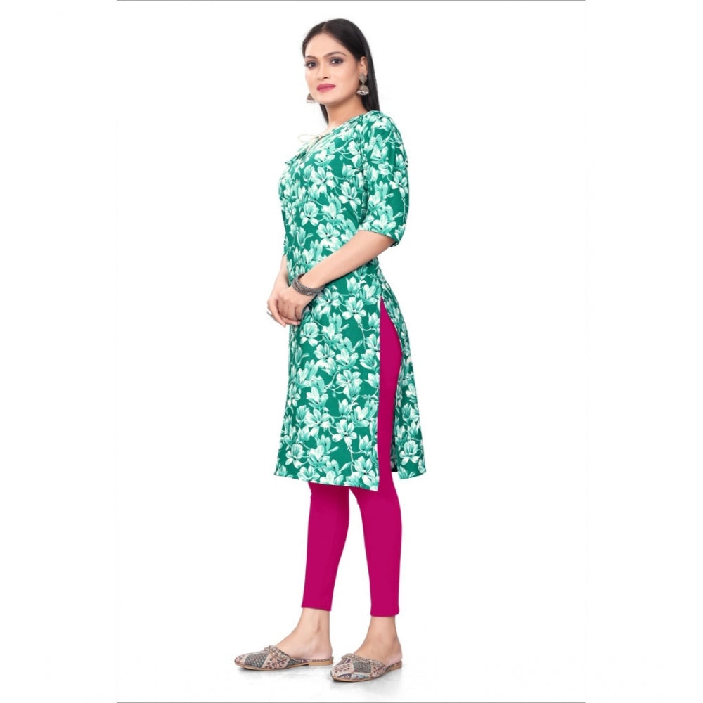 Generic Women's Casual 3/4th Sleeve Floral Print Polyester Knee Length Straight Kurti (Green)