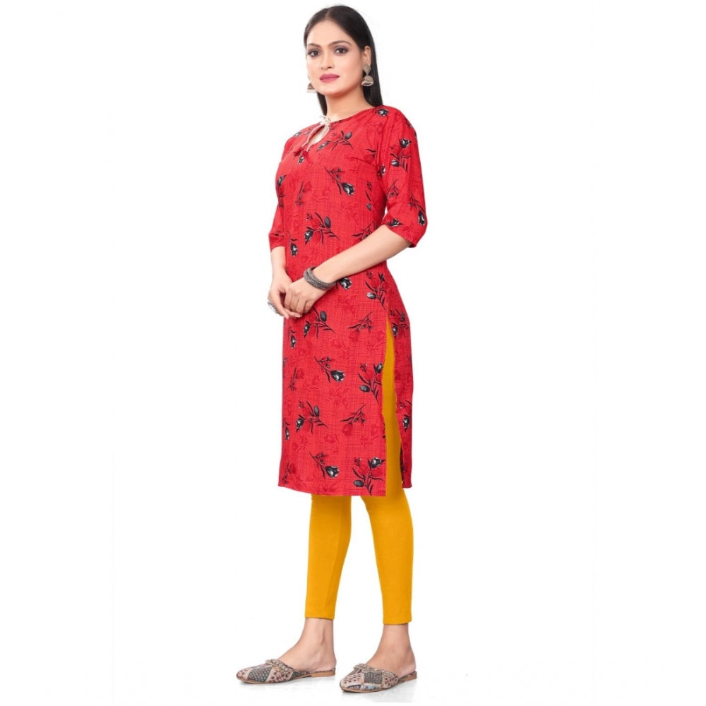 Generic Women's Casual 3/4th Sleeve Floral Print Polyester Knee Length Straight Kurti (Red)