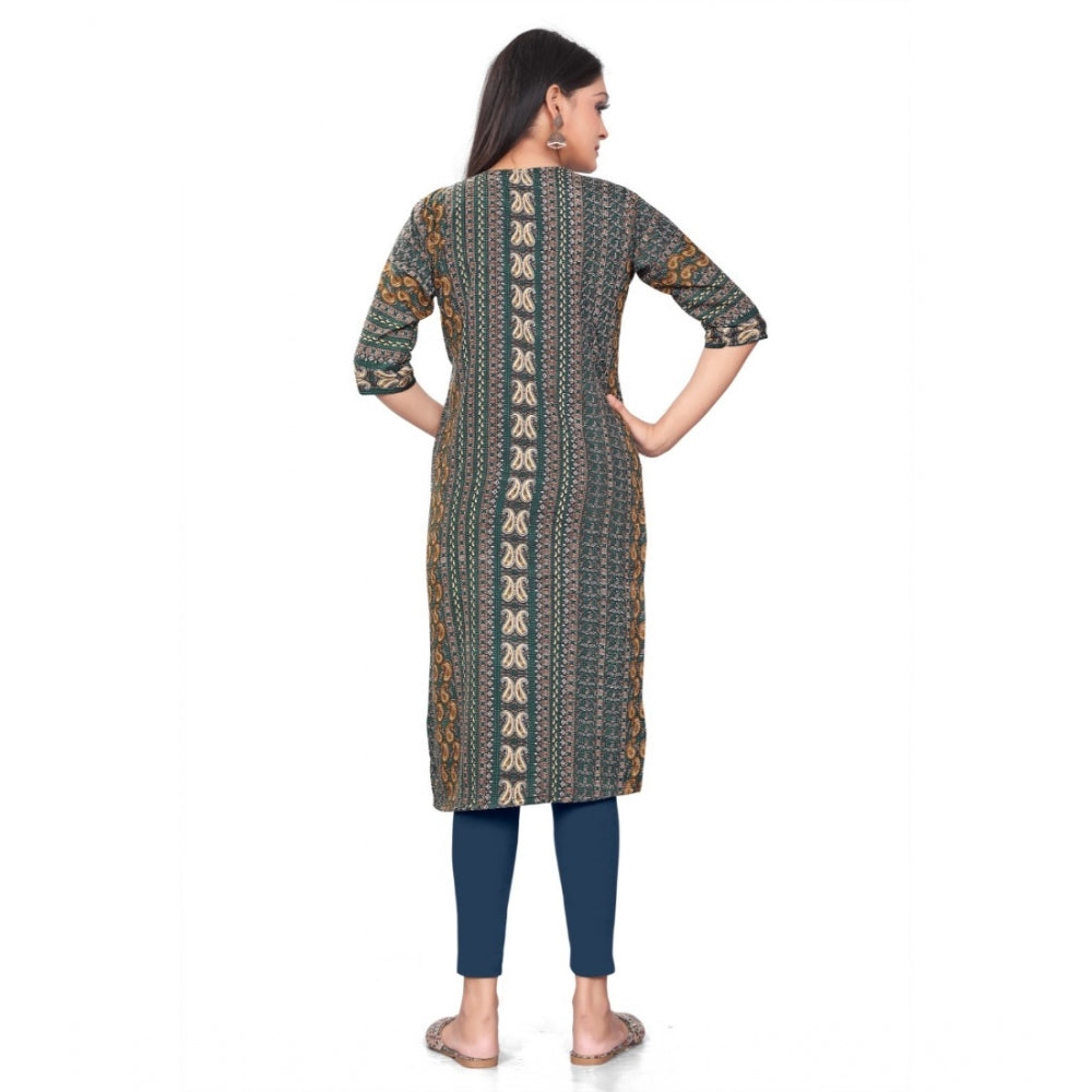 Generic Women's Casual 3/4th Sleeve Paisley Polyester Knee Length Straight Kurti (Green)