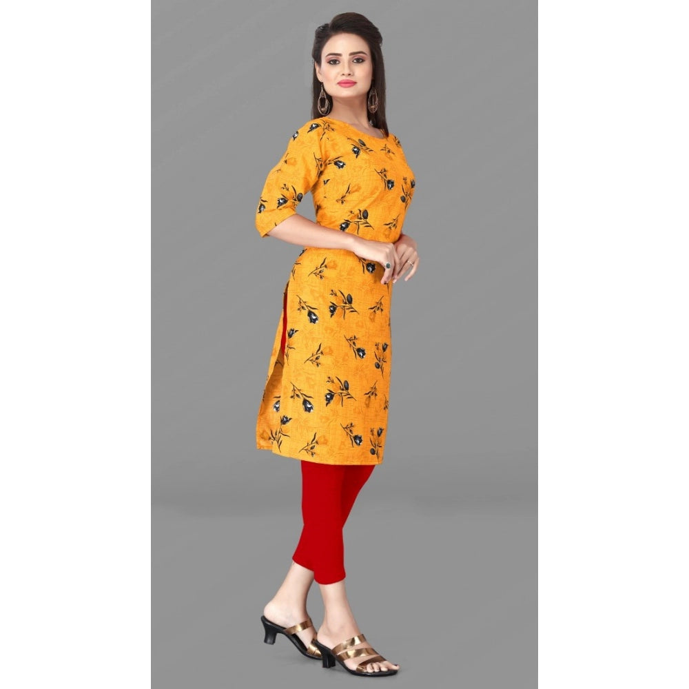 Generic Women's Casual 3/4th Sleeve Floral Print Polyester Knee Length Straight Kurti (Yellow)