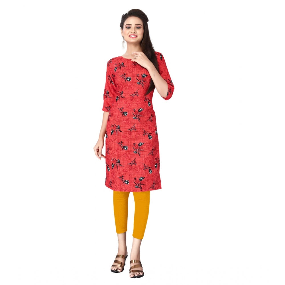 Generic Women's Casual 3/4th Sleeve Floral Print Polyester Knee Length Straight Kurti (Red)