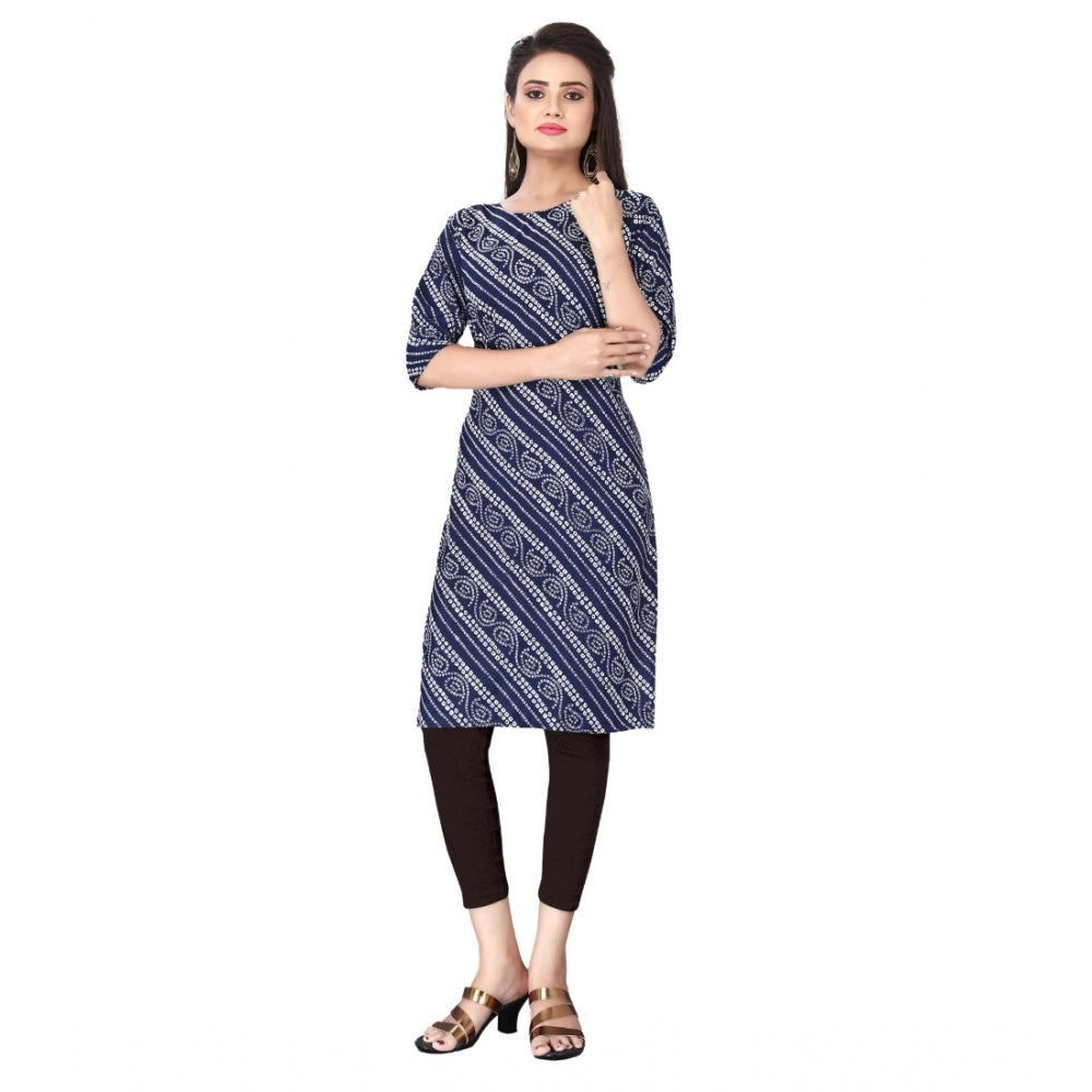 Generic Women's Casual 3/4th Sleeve Geometric Print Polyester Knee Length Straight Kurti (Blue)