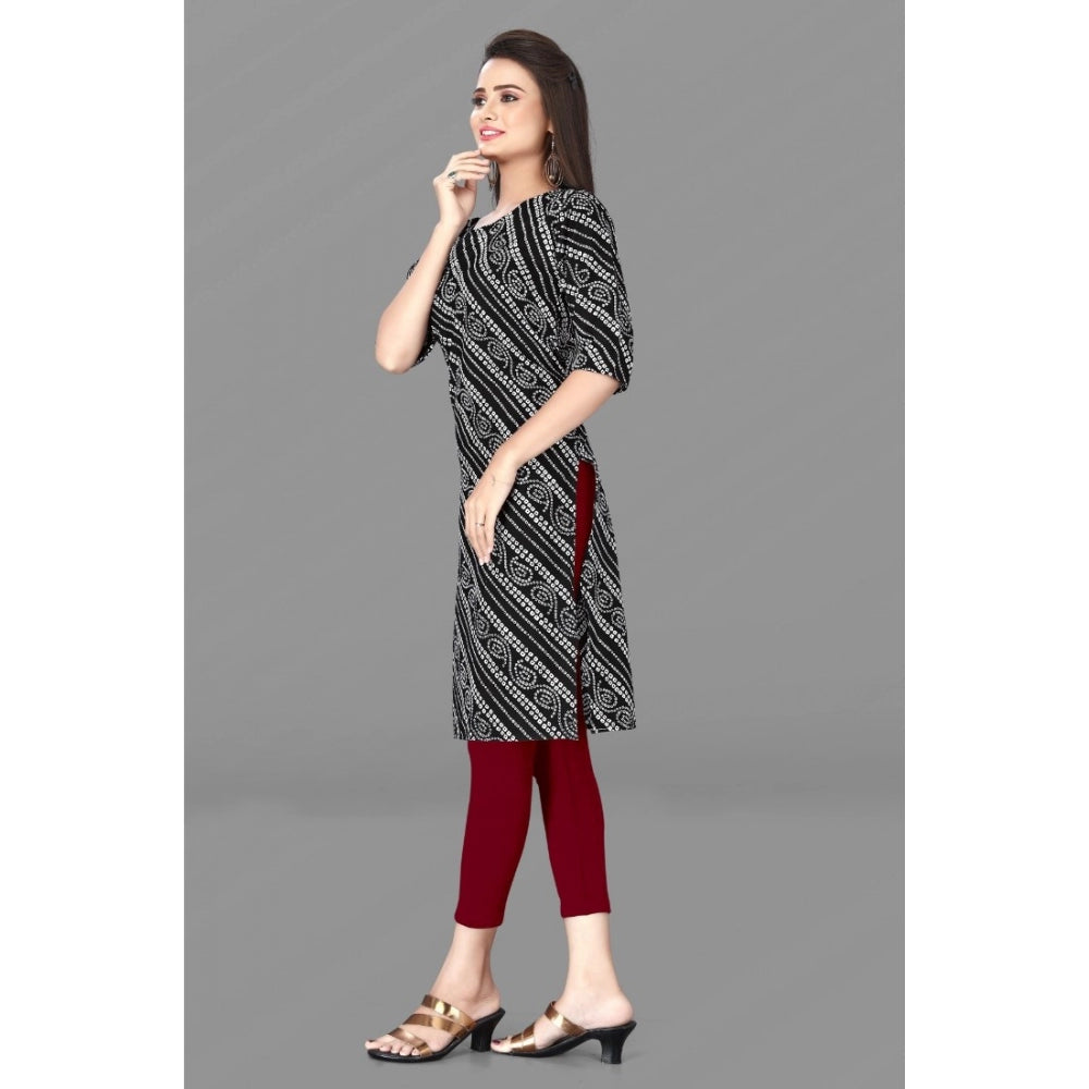 Generic Women's Casual 3/4th Sleeve Geometric Print Polyester Knee Length Straight Kurti (Black)