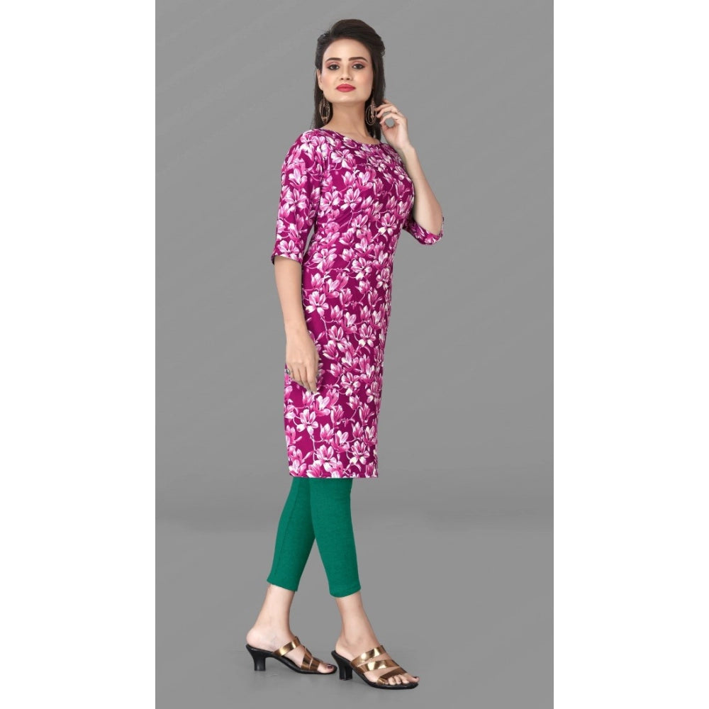 Generic Women's Casual 3/4th Sleeve Floral Print Polyester Knee Length Straight Kurti (Rani)