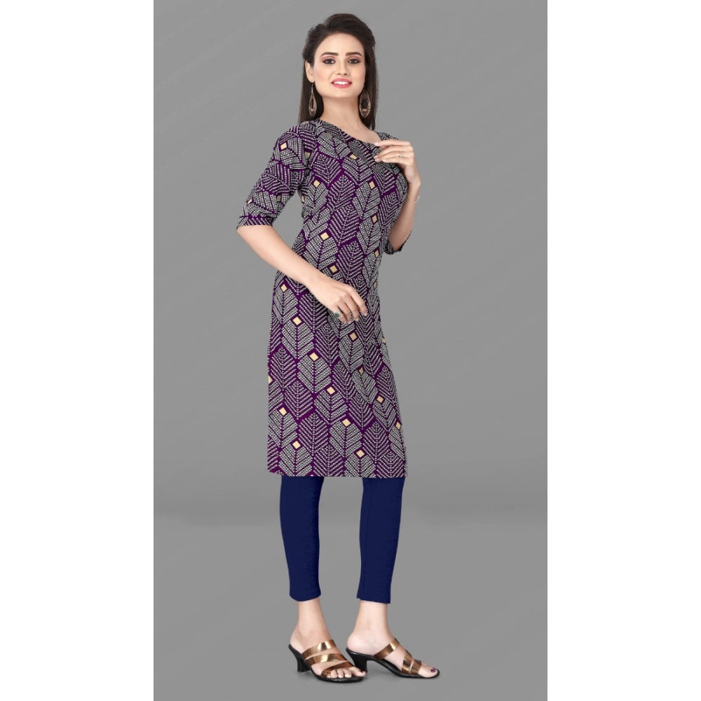 Generic Women's Casual 3/4th Sleeve Printed Polyester Knee Length Straight Kurti (Violet)