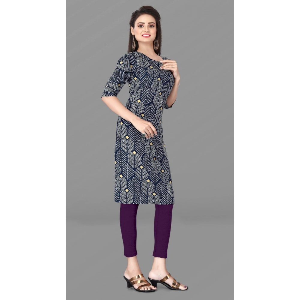 Generic Women's Casual 3/4th Sleeve Printed Polyester Knee Length Straight Kurti (Blue)