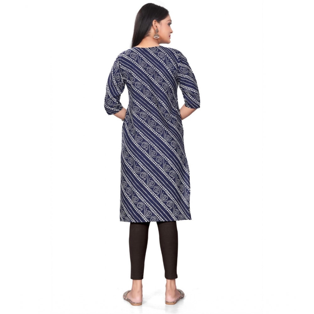 Generic Women's Casual 3/4th Sleeve Geometric Print Polyester Calf Length Straight Kurti (Blue)