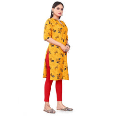 Generic Women's Casual 3/4th Sleeve Floral Print Polyester Knee Length Straight Kurti (Yellow)