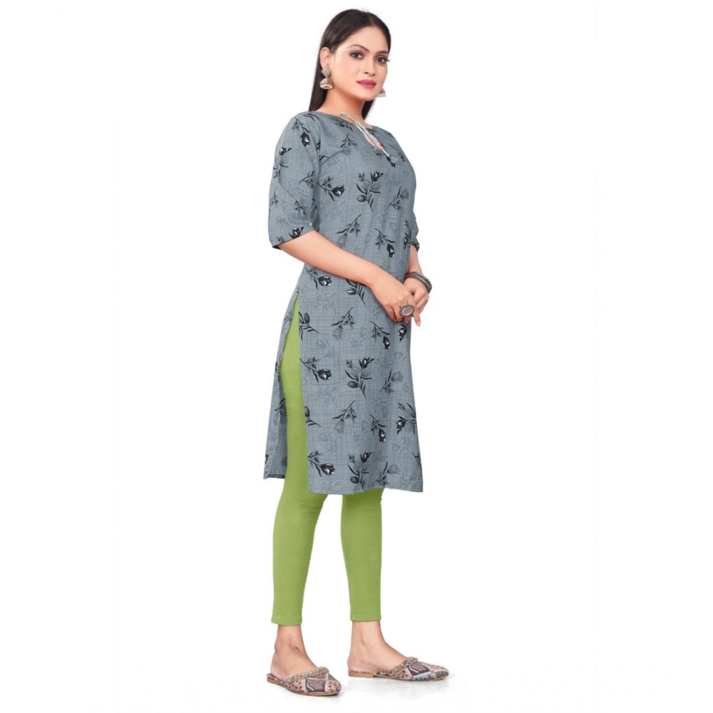 Generic Women's Casual 3/4th Sleeve Floral Print Polyester Knee Length Straight Kurti (Grey)