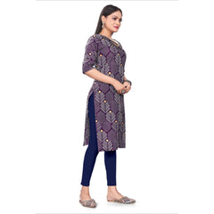 Generic Women's Casual 3/4th Sleeve Printed Polyester Knee Length Straight Kurti (Violet)