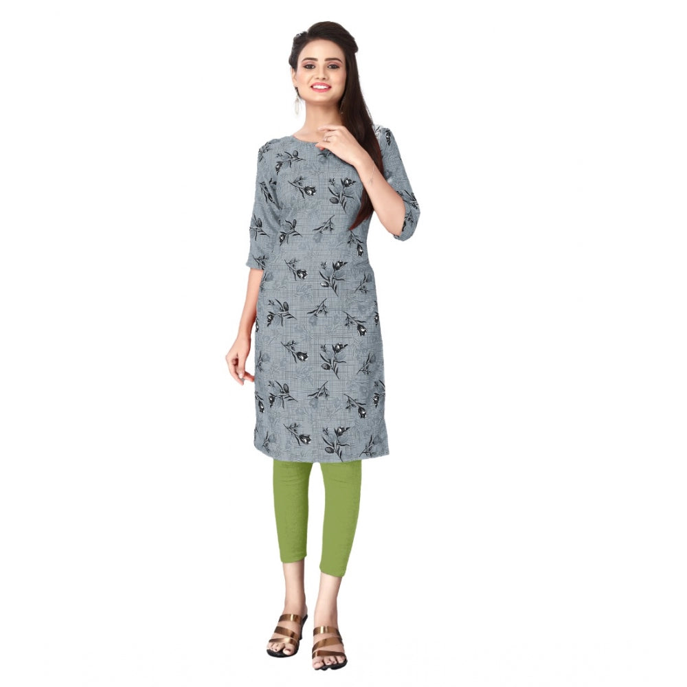 Generic Damen-Kurti, lässig, 3/4-Ärmel, Blumendruck, Polyester, knielang, gerades Bein (grau)