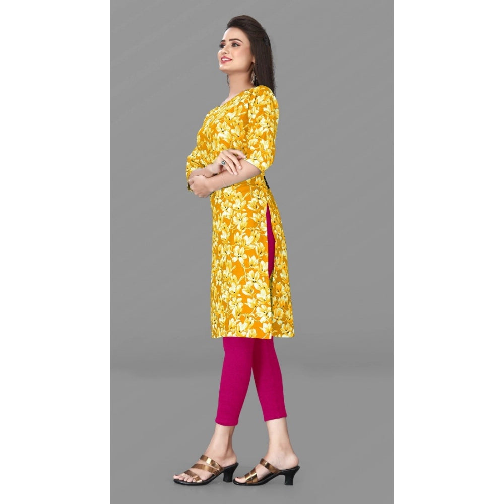 Generic Women's Casual 3/4th Sleeve Floral Print Polyester Knee Length Straight Kurti (Yellow)