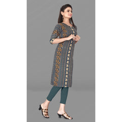 Generic Women's Casual 3/4th Sleeve Paisley Polyester Knee Length Straight Kurti (Blue)