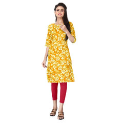 Generic Women's Casual 3/4th Sleeve Floral Print Polyester Knee Length Straight Kurti (Yellow)