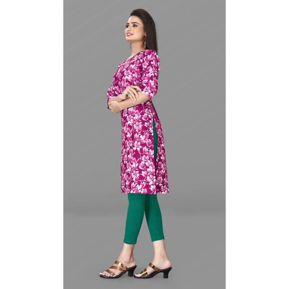 Generic Women's Casual 3/4th Sleeve Floral Print Polyester Knee Length Straight Kurti (Rani)