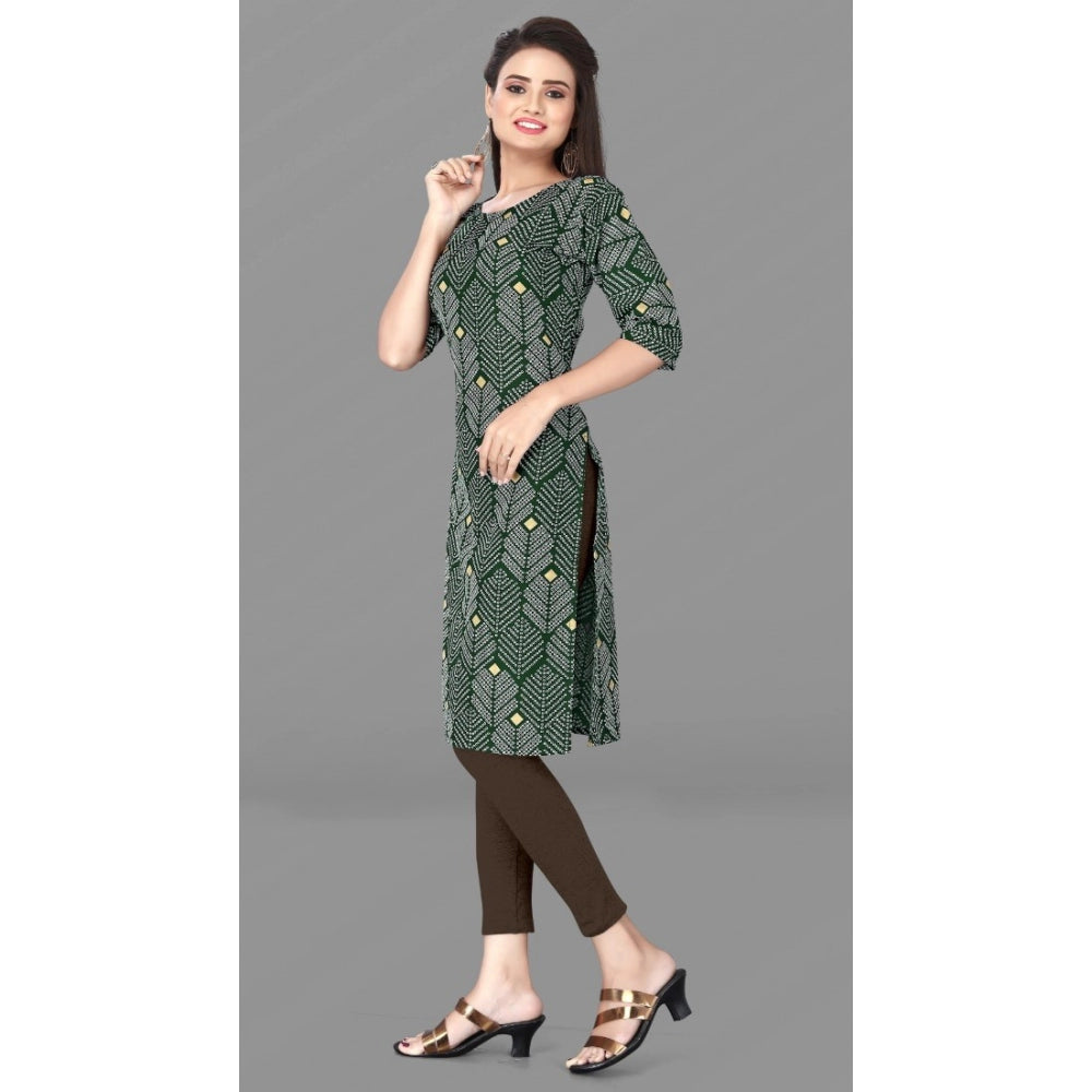 Generic Women's Casual 3/4th Sleeve Printed Polyester Knee Length Straight Kurti (Green)